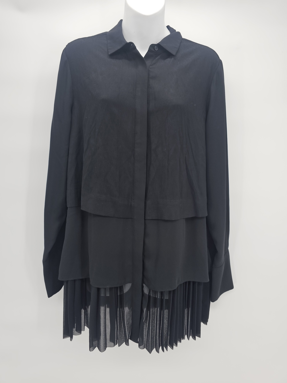 Black Layered Pleated Hem Button-Front Women's Top